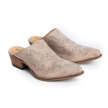 Myra El Paso Ivory Embroidered Mules for Women â€“ Pointed Toe, Low Block Heel Western Leather Shoes