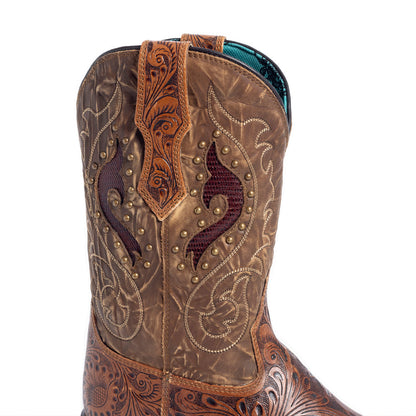 Myra Gianna Hand-Tooled Leather Boots for Women â€“ Studded Mid-Calf Western Brunch Heels with Embroidered Floral Designs