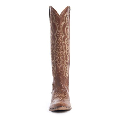 Myra Nalejandra Mocha Brown Leather Boots for Women - Embroidered Tall Western Heels with Pointed Toe for Festive Country Style