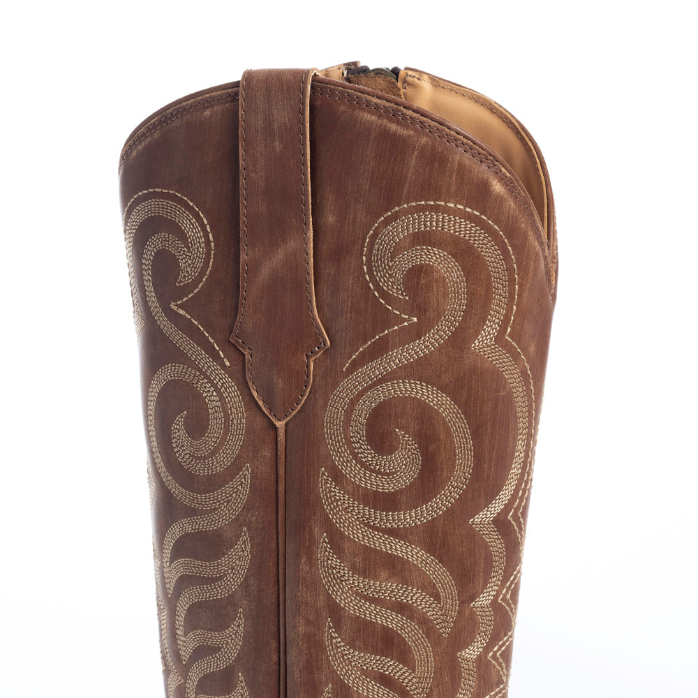 Myra Nalejandra Mocha Brown Leather Boots for Women - Embroidered Tall Western Heels with Pointed Toe for Festive Country Style