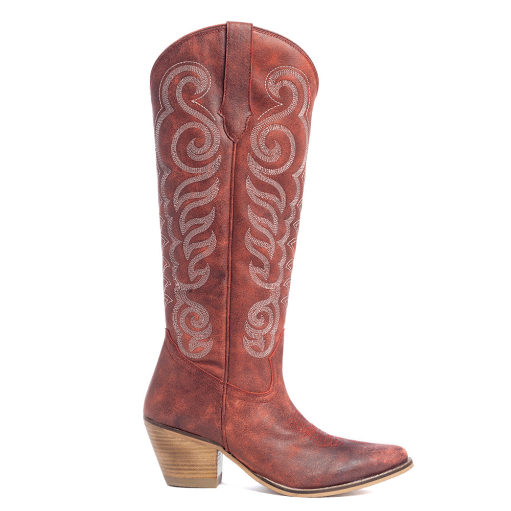 Myra Nalejandra Leather Boots for Women – Western Swirl Stitching, Low Block Heel for Country Style and Everyday Comfort