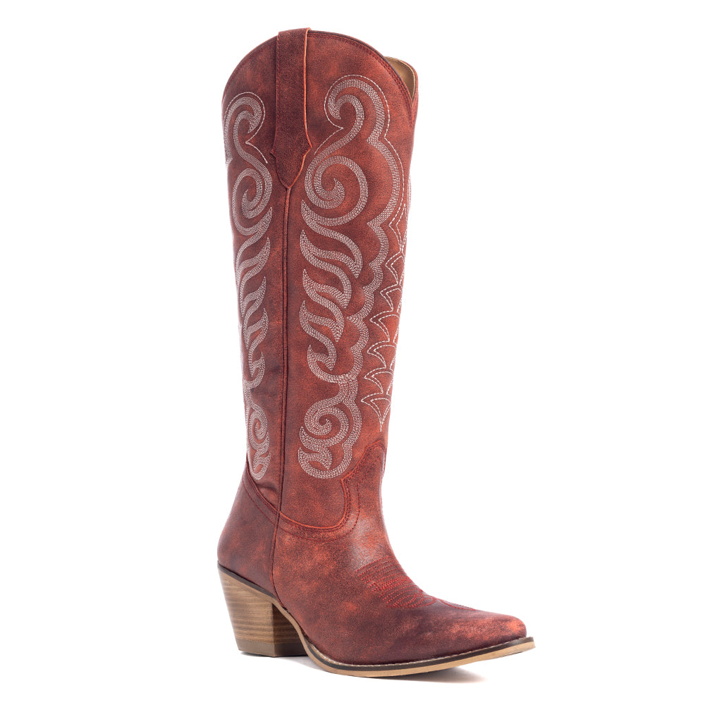 Myra Nalejandra Leather Boots for Women – Western Swirl Stitching, Low Block Heel for Country Style and Everyday Comfort