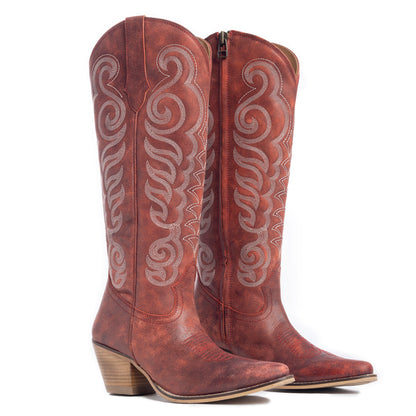 Myra Nalejandra Leather Boots for Women – Western Swirl Stitching, Low Block Heel for Country Style and Everyday Comfort