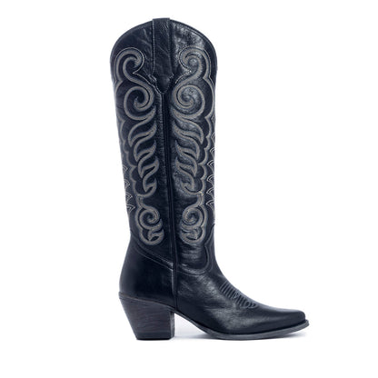 Myra Nalejandra Ebony Black Leather Boots for Women - Embroidered Tall Western Heels with Pointed Toe for Festive Country Style