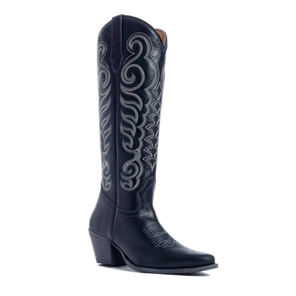 Myra Nalejandra Ebony Black Leather Boots for Women - Embroidered Tall Western Heels with Pointed Toe for Festive Country Style