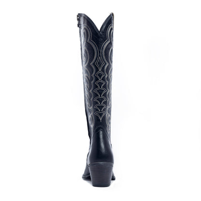 Myra Nalejandra Ebony Black Leather Boots for Women - Embroidered Tall Western Heels with Pointed Toe for Festive Country Style