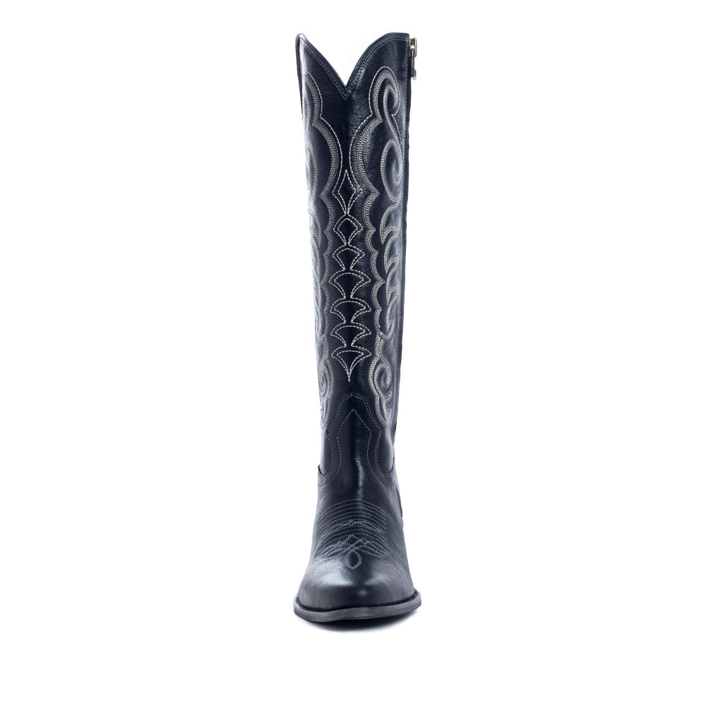 Myra Nalejandra Ebony Black Leather Boots for Women - Embroidered Tall Western Heels with Pointed Toe for Festive Country Style