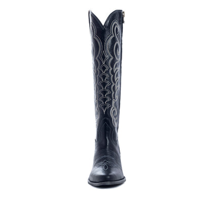 Myra Nalejandra Ebony Black Leather Boots for Women - Embroidered Tall Western Heels with Pointed Toe for Festive Country Style