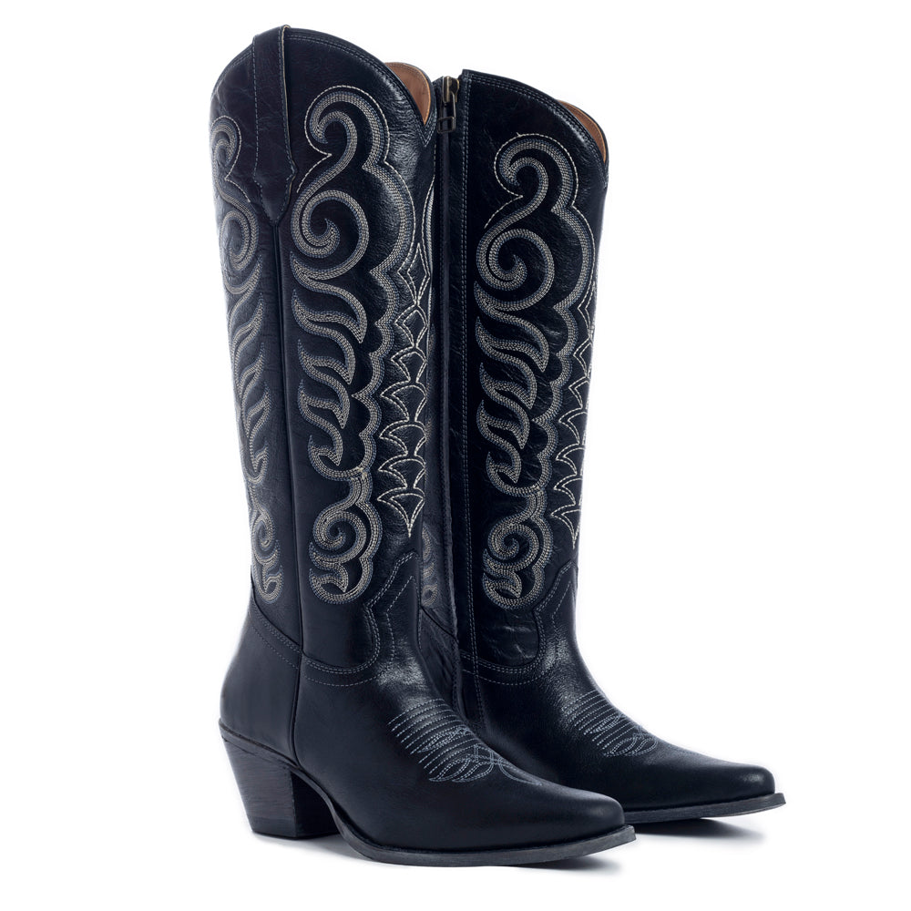 Myra Nalejandra Ebony Black Leather Boots for Women - Embroidered Tall Western Heels with Pointed Toe for Festive Country Style