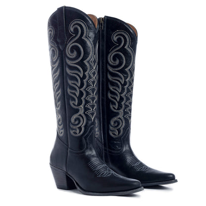 Myra Nalejandra Ebony Black Leather Boots for Women - Embroidered Tall Western Heels with Pointed Toe for Festive Country Style
