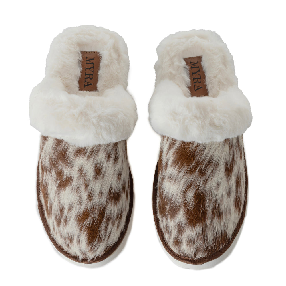 Myra Alamosa Tan Fur-Lined Hairon Leather Slippers for Women â€“ Winter Indoor Comfort, Soft Sole, Western Style