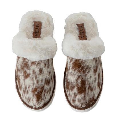 Myra Alamosa Tan Fur-Lined Hairon Leather Slippers for Women â€“ Winter Indoor Comfort, Soft Sole, Western Style