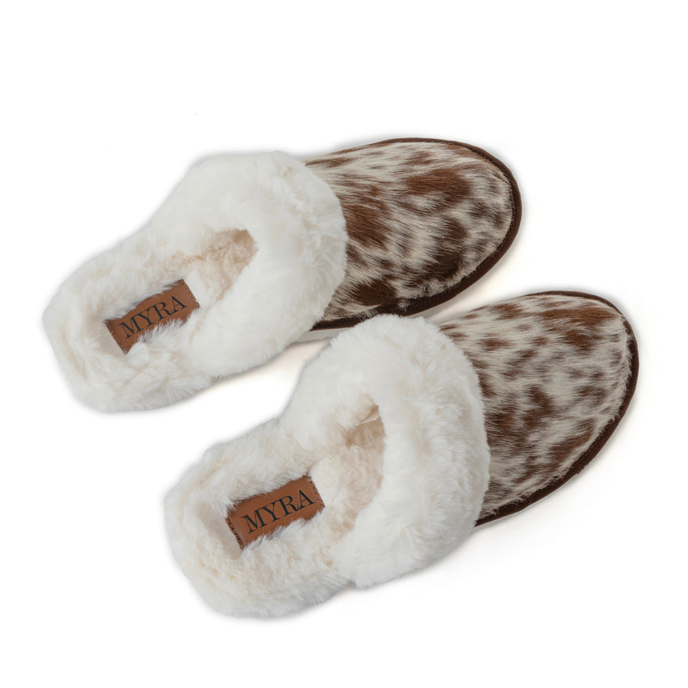 Myra Alamosa Tan Fur-Lined Hairon Leather Slippers for Women â€“ Winter Indoor Comfort, Soft Sole, Western Style