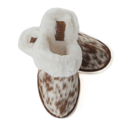 Myra Alamosa Tan Fur-Lined Hairon Leather Slippers for Women â€“ Winter Indoor Comfort, Soft Sole, Western Style