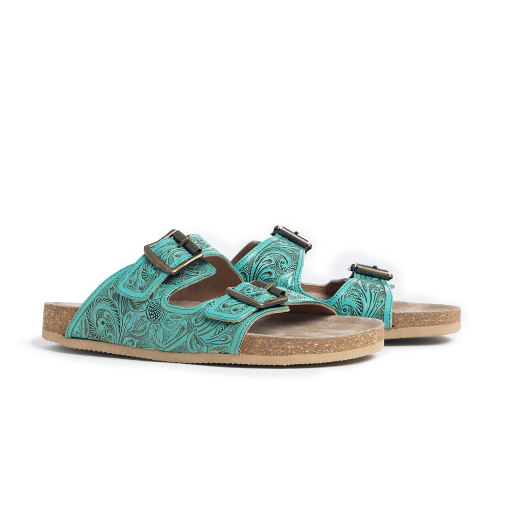 Myra Aurora Mia Embossed Leather Sandals – Dual Strap Buckle with Cork Sole Comfort