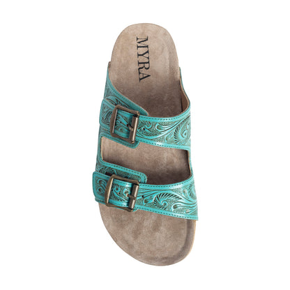 Myra Aurora Mia Embossed Leather Sandals – Dual Strap Buckle with Cork Sole Comfort