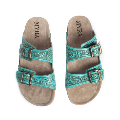 Myra Aurora Mia Embossed Leather Sandals – Dual Strap Buckle with Cork Sole Comfort