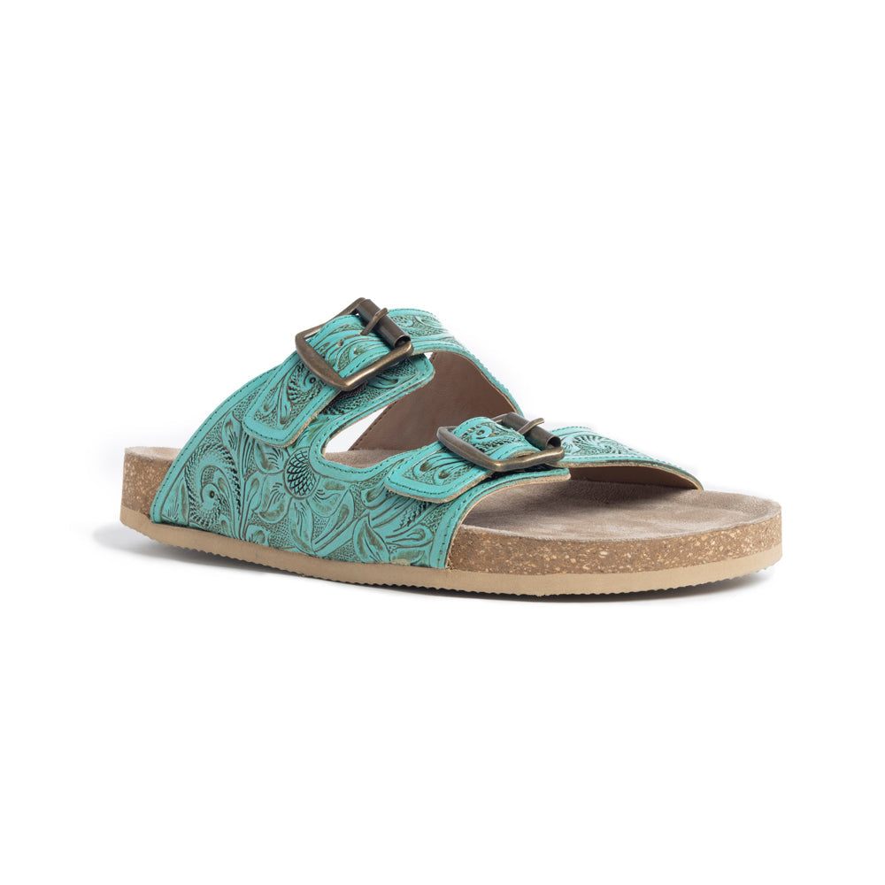 Myra Aurora Mia Embossed Leather Sandals – Dual Strap Buckle with Cork Sole Comfort