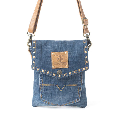 Myra Studded Dahlia Denim Crossbody Bag for Women – Upcycled Jeans with Leather Strap & Front Pocket Flap