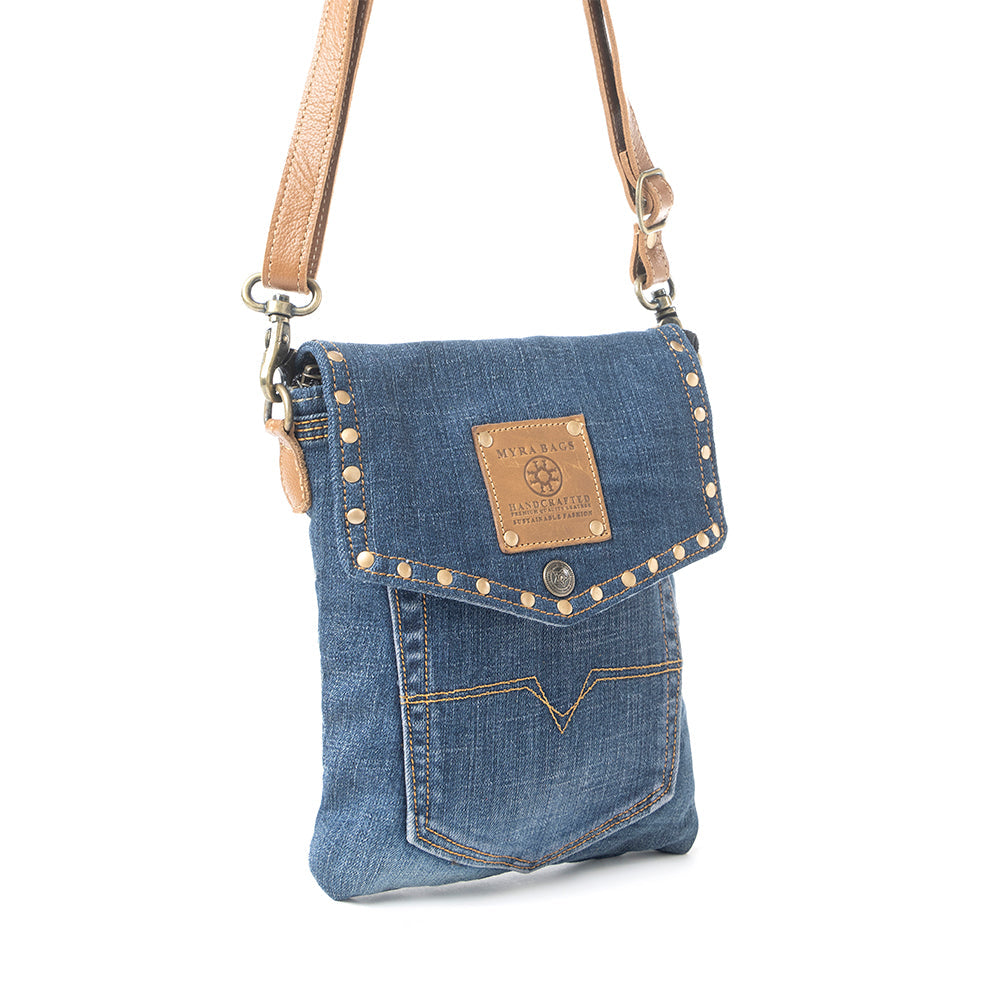Myra Studded Dahlia Denim Crossbody Bag for Women – Upcycled Jeans with Leather Strap & Front Pocket Flap