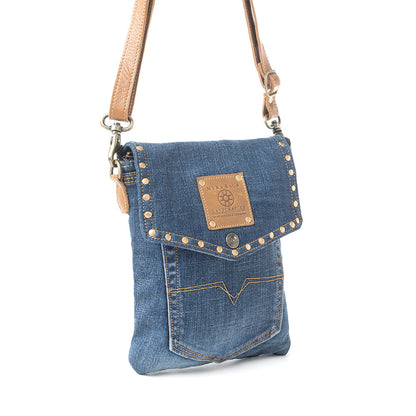 Myra Studded Dahlia Denim Crossbody Bag for Women – Upcycled Jeans with Leather Strap & Front Pocket Flap