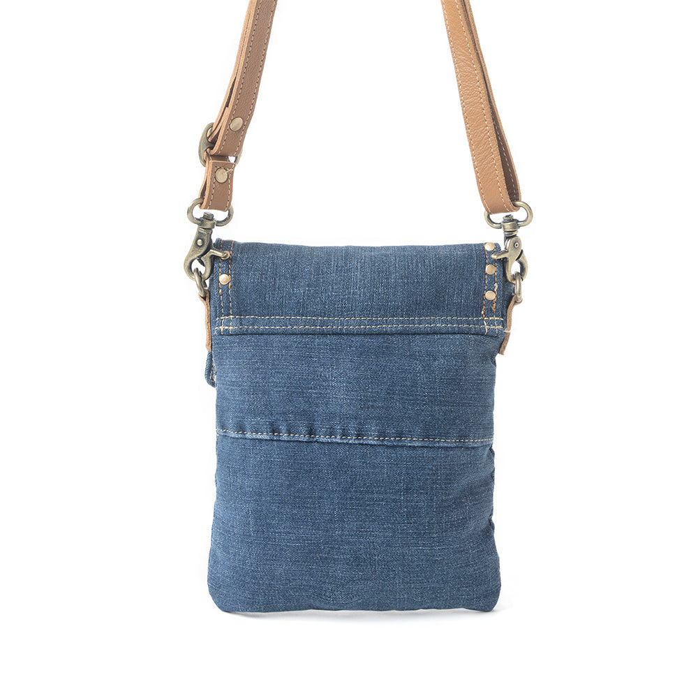 Myra Studded Dahlia Denim Crossbody Bag for Women – Upcycled Jeans with Leather Strap & Front Pocket Flap