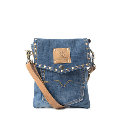 Myra Studded Dahlia Denim Crossbody Bag for Women – Upcycled Jeans with Leather Strap & Front Pocket Flap