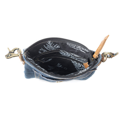 Myra Studded Dahlia Denim Crossbody Bag for Women – Upcycled Jeans with Leather Strap & Front Pocket Flap