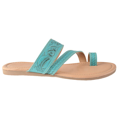 Myra Lannie Mae Embossed Leather Flats – Slip-On Sandals for Women with Triple Strap Design