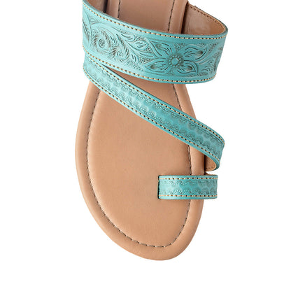 Myra Lannie Mae Embossed Leather Flats – Slip-On Sandals for Women with Triple Strap Design