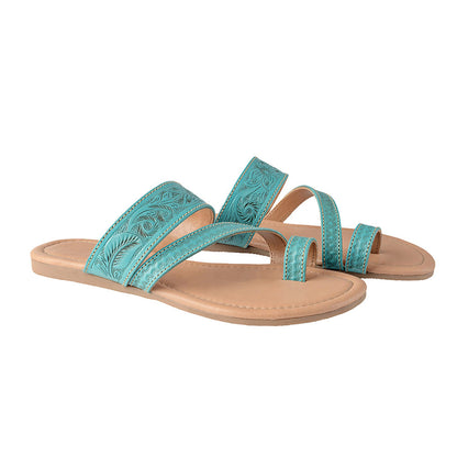 Myra Lannie Mae Embossed Leather Flats – Slip-On Sandals for Women with Triple Strap Design