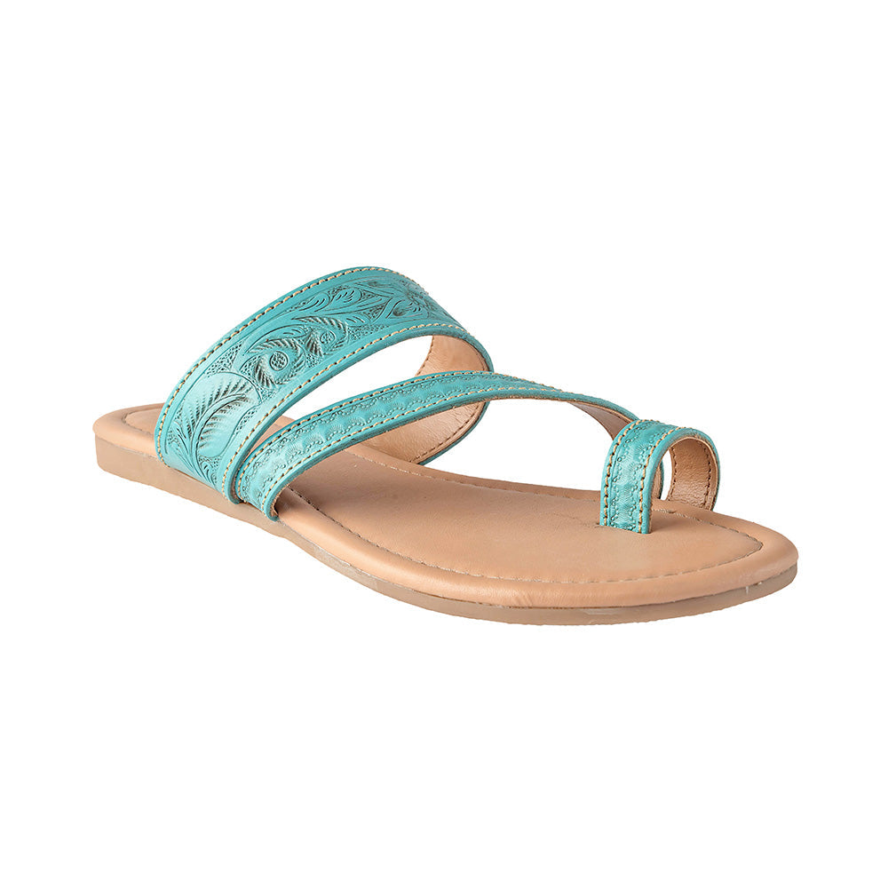 Myra Lannie Mae Embossed Leather Flats – Slip-On Sandals for Women with Triple Strap Design