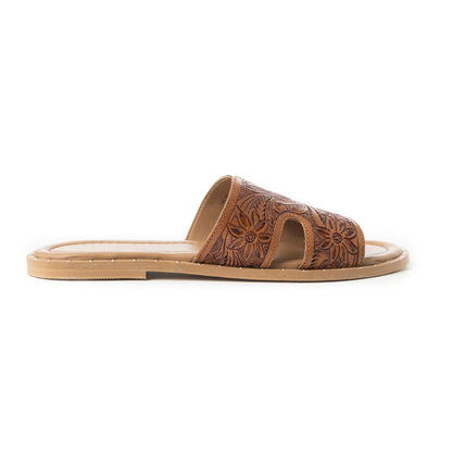 Myra Carmina Anne Tan Embossed Leather Slip-On Sandals for Women â€“ Western H-Cut Slides with Studded Trim