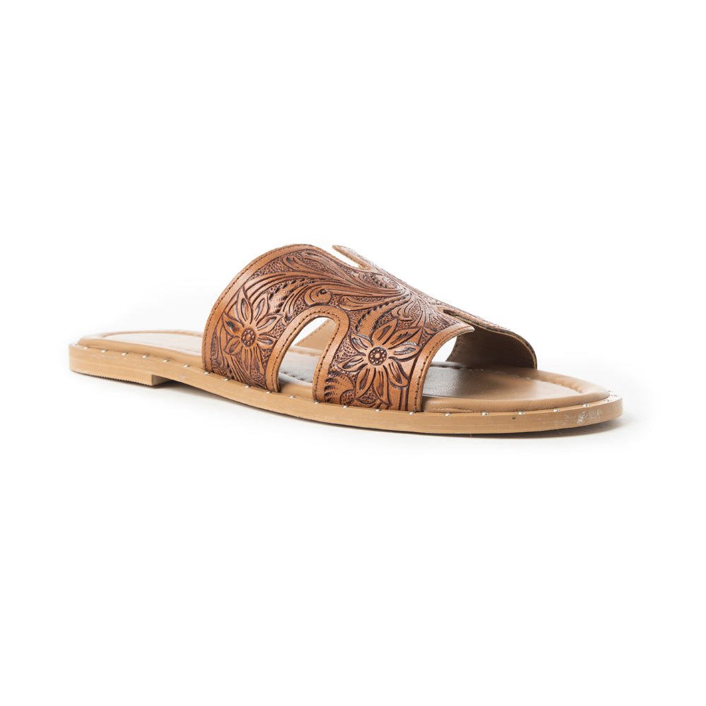 Myra Carmina Anne Tan Embossed Leather Slip-On Sandals for Women â€“ Western H-Cut Slides with Studded Trim