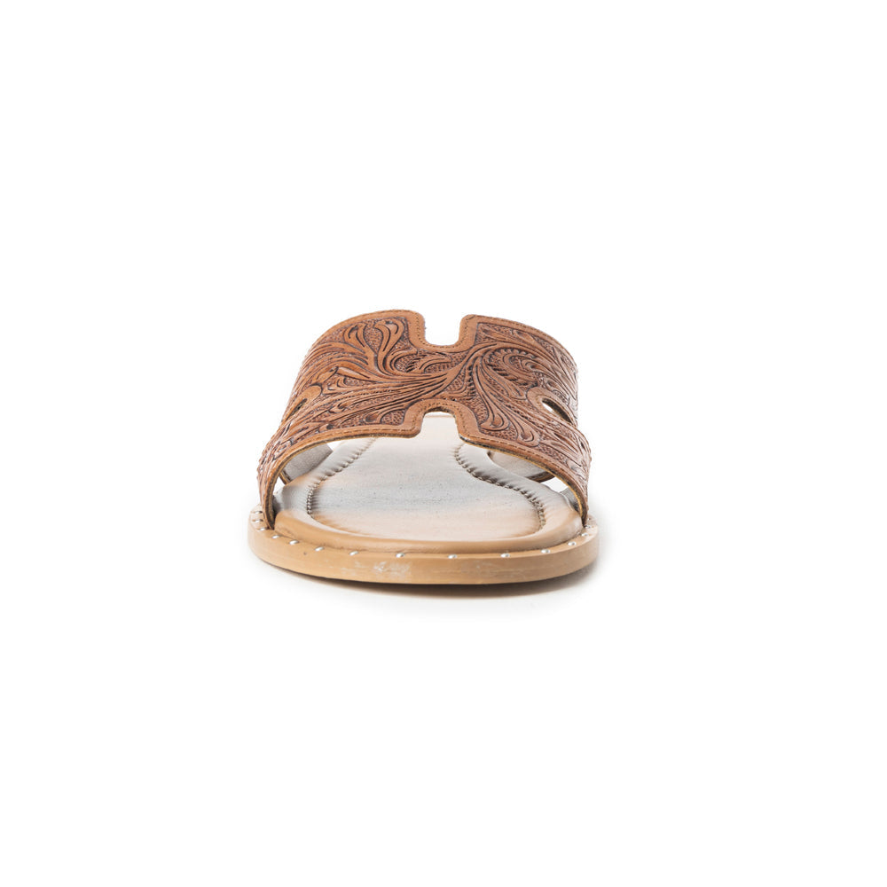 Myra Carmina Anne Tan Embossed Leather Slip-On Sandals for Women â€“ Western H-Cut Slides with Studded Trim
