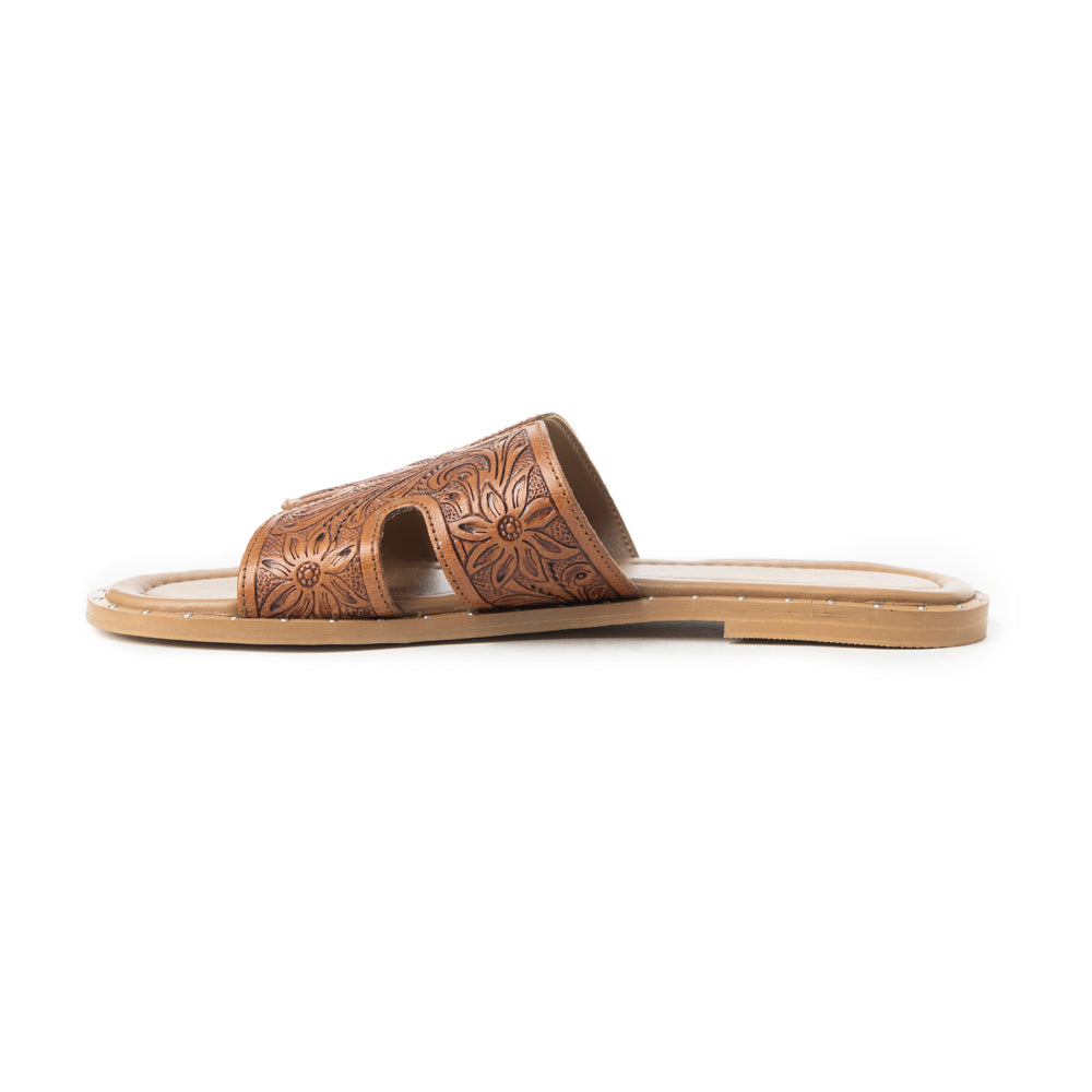 Myra Carmina Anne Tan Embossed Leather Slip-On Sandals for Women â€“ Western H-Cut Slides with Studded Trim