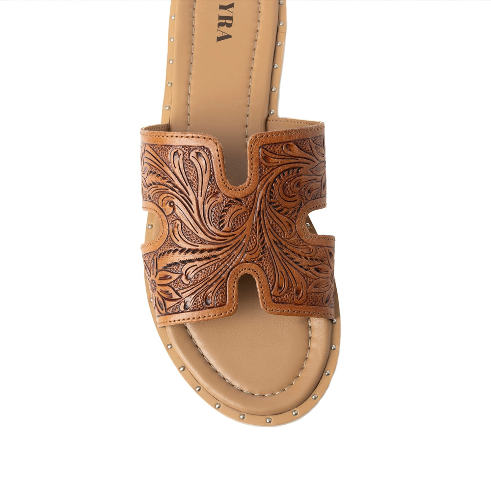 Myra Carmina Anne Tan Embossed Leather Slip-On Sandals for Women â€“ Western H-Cut Slides with Studded Trim
