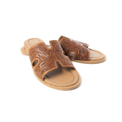 Myra Carmina Anne Tan Embossed Leather Slip-On Sandals for Women â€“ Western H-Cut Slides with Studded Trim