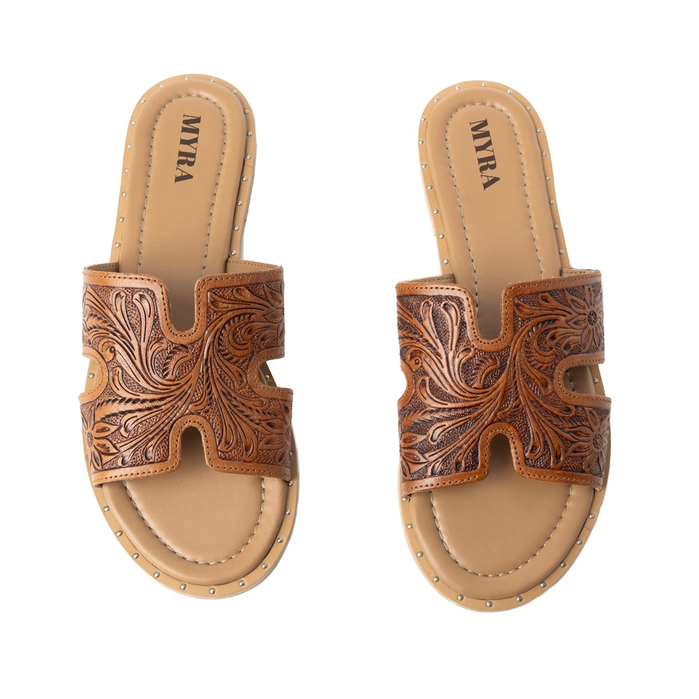 Myra Carmina Anne Tan Embossed Leather Slip-On Sandals for Women â€“ Western H-Cut Slides with Studded Trim