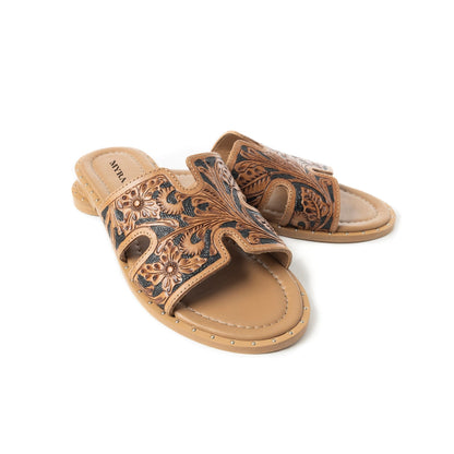 Myra Carmina Anne Dark Embossed Leather Slip-On Sandals for Women â€“ Western H-Cut Slides with Studded Trim