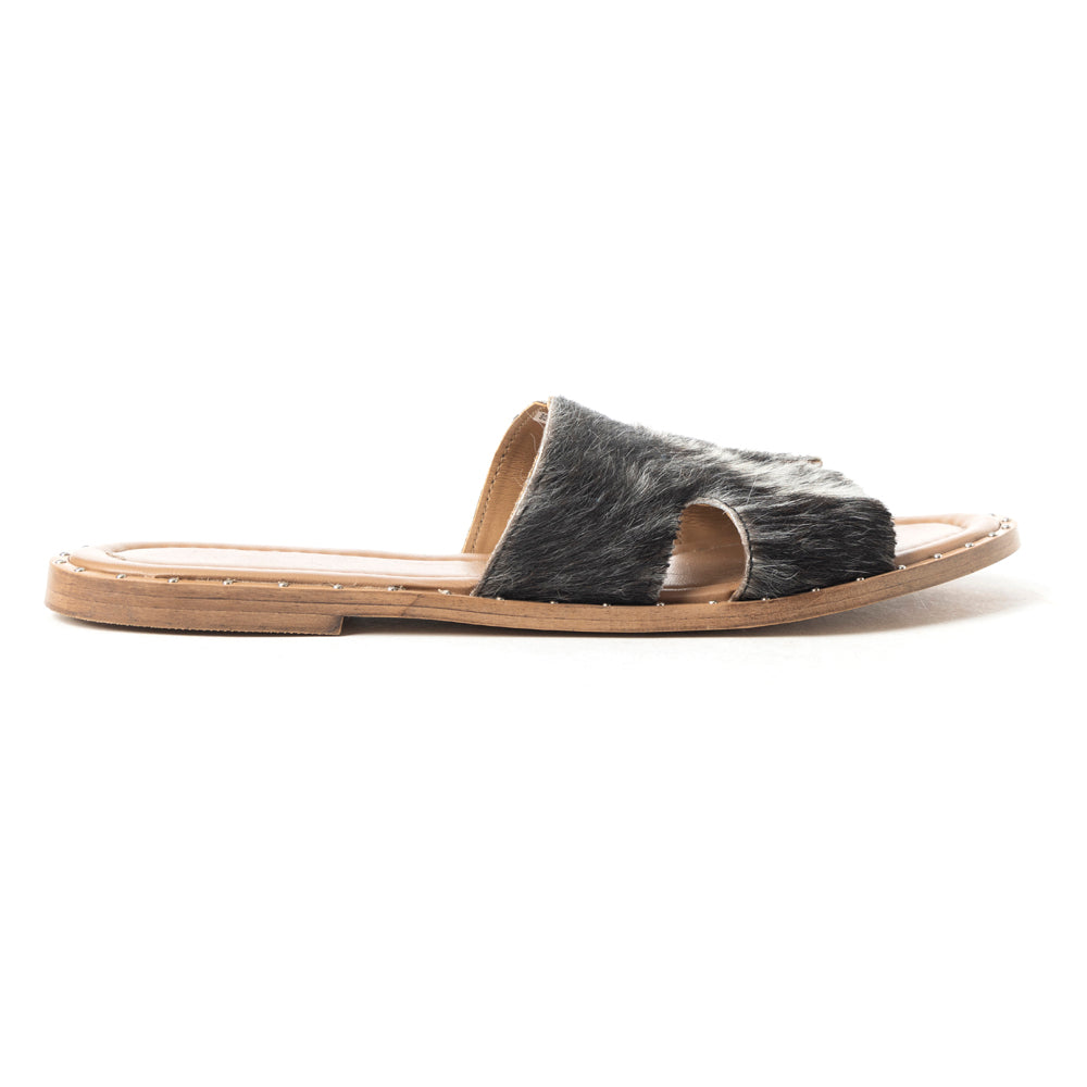 Myra Daleena Anne Leather Slide Sandals for Women – Western Style Open-Toe Flats with Natural Hairon Pattern