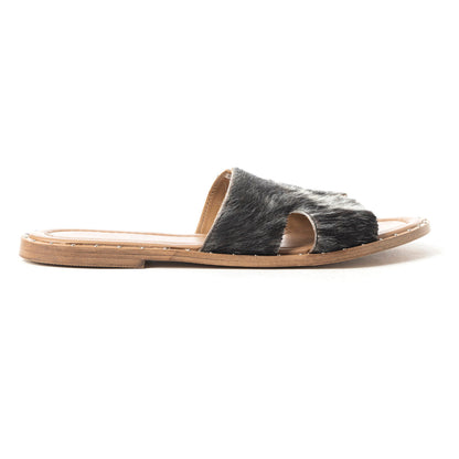 Myra Daleena Anne Leather Slide Sandals for Women – Western Style Open-Toe Flats with Natural Hairon Pattern