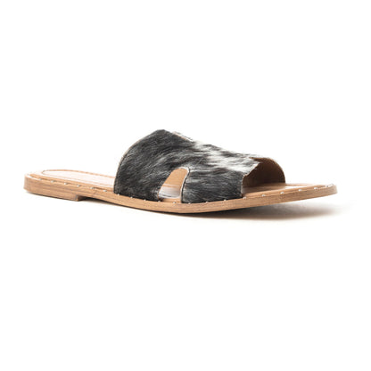 Myra Daleena Anne Leather Slide Sandals for Women – Western Style Open-Toe Flats with Natural Hairon Pattern