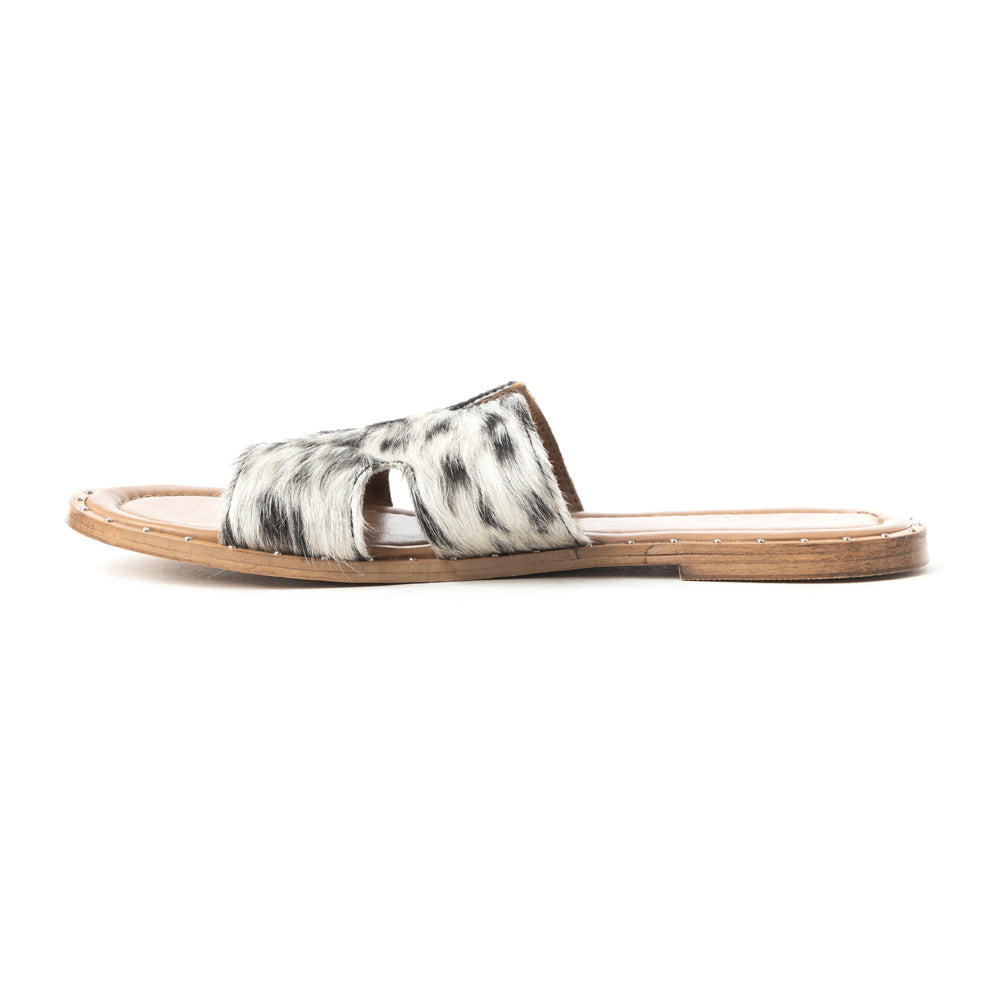 Myra Daleena Anne Leather Slide Sandals for Women – Western Style Open-Toe Flats with Natural Hairon Pattern