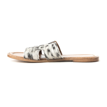 Myra Daleena Anne Leather Slide Sandals for Women – Western Style Open-Toe Flats with Natural Hairon Pattern