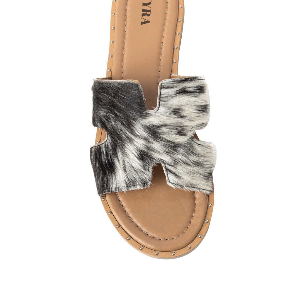 Myra Daleena Anne Leather Slide Sandals for Women – Western Style Open-Toe Flats with Natural Hairon Pattern