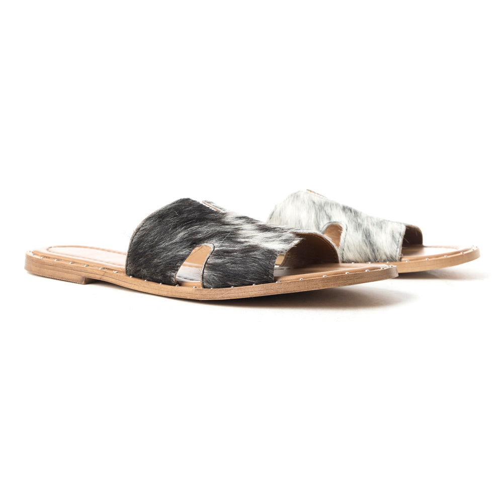 Myra Daleena Anne Leather Slide Sandals for Women – Western Style Open-Toe Flats with Natural Hairon Pattern
