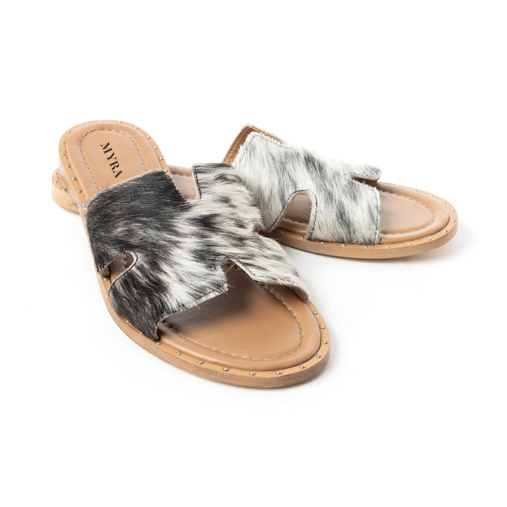 Myra Daleena Anne Leather Slide Sandals for Women – Western Style Open-Toe Flats with Natural Hairon Pattern