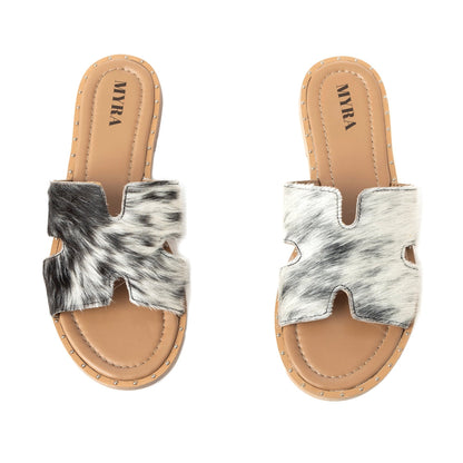 Myra Daleena Anne Leather Slide Sandals for Women – Western Style Open-Toe Flats with Natural Hairon Pattern
