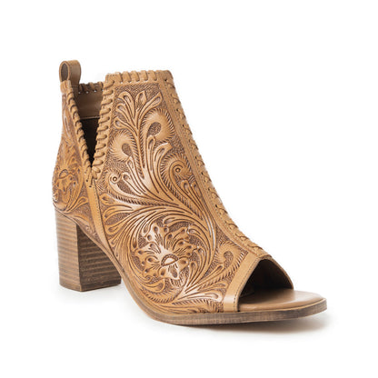 Myra Persimmonee Embossed Leather Heels for Women â€“ Open Toe, Mid Block Heel, Western Cowgirl Fashion for Rodeo Evenings